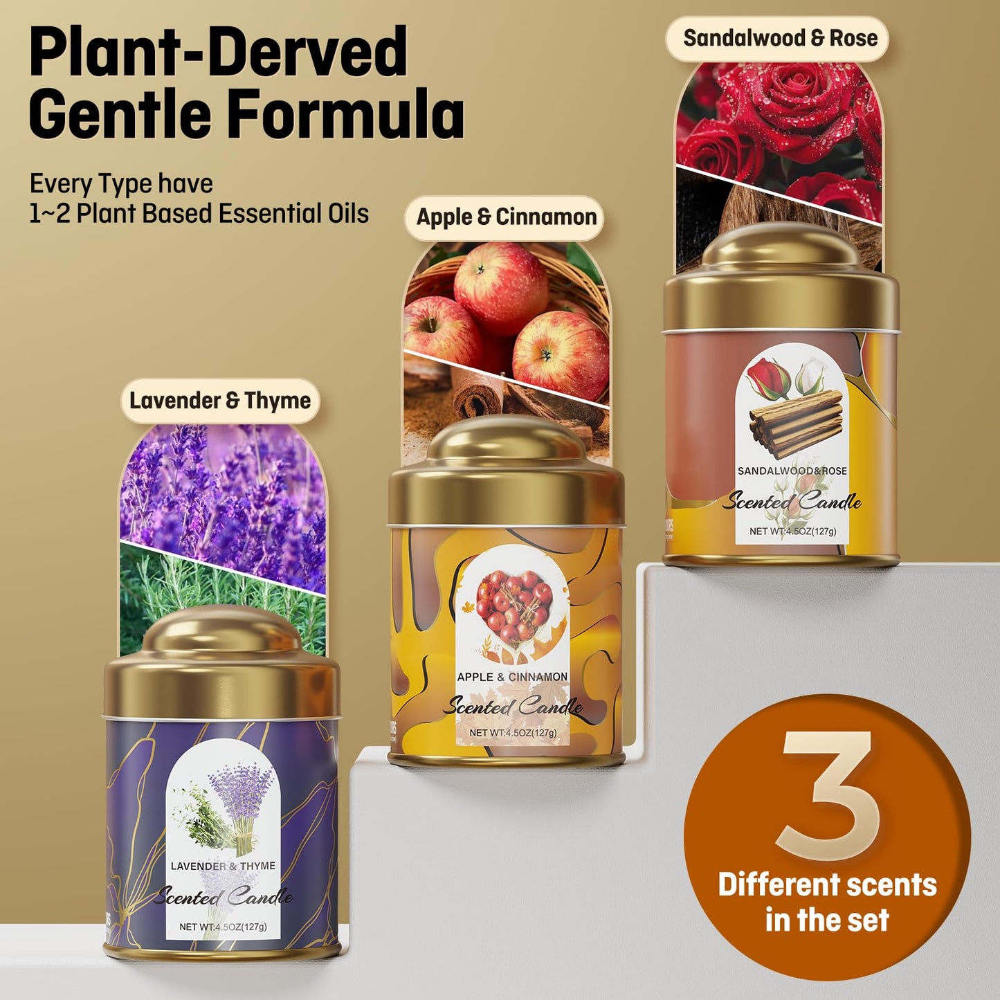 3-Pack Aromatherapy Candle Set - Scented Candles | 4.5oz × 3 | 75+ Hour Total Burn | Natural Soy Candles for Home, Gifts & Christmas (Lavender+Rose+Cinnamon)