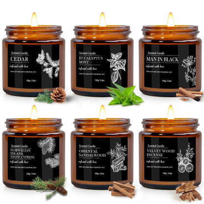 Scented Candles for Men - 6 Pack Aromatherapy Candles | Sandalwood Cedar | 150 Hour Burn Time