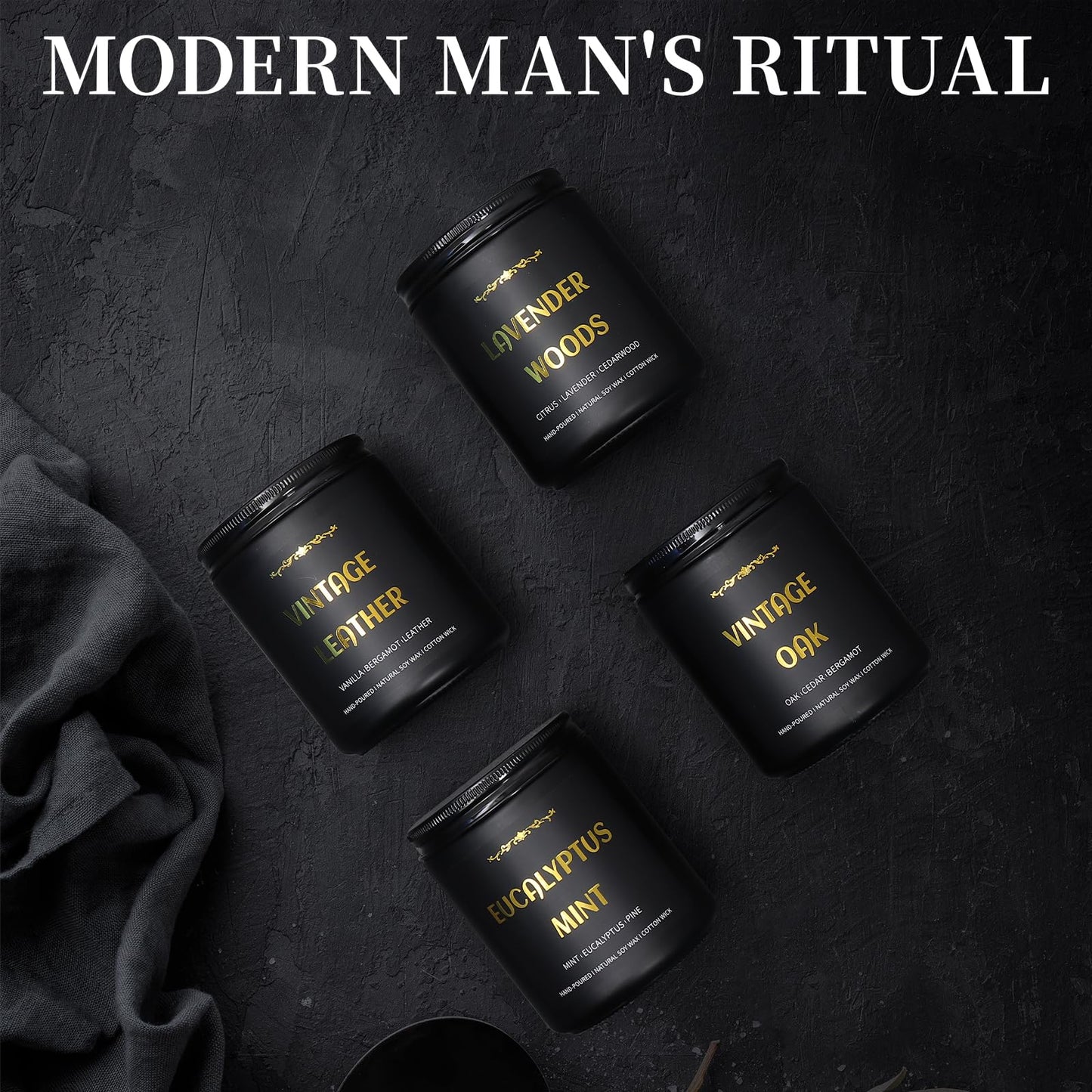 Men's Scented Candles - 4 Pack Soy Candles (28oz, 200h) Leather, Oak, Lavender & Eucalyptus