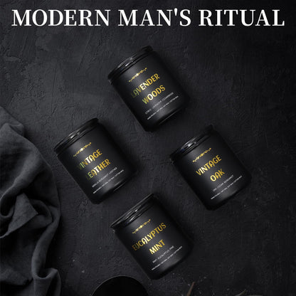 Men's Scented Candles - 4 Pack Soy Candles (28oz, 200h) Leather, Oak, Lavender & Eucalyptus
