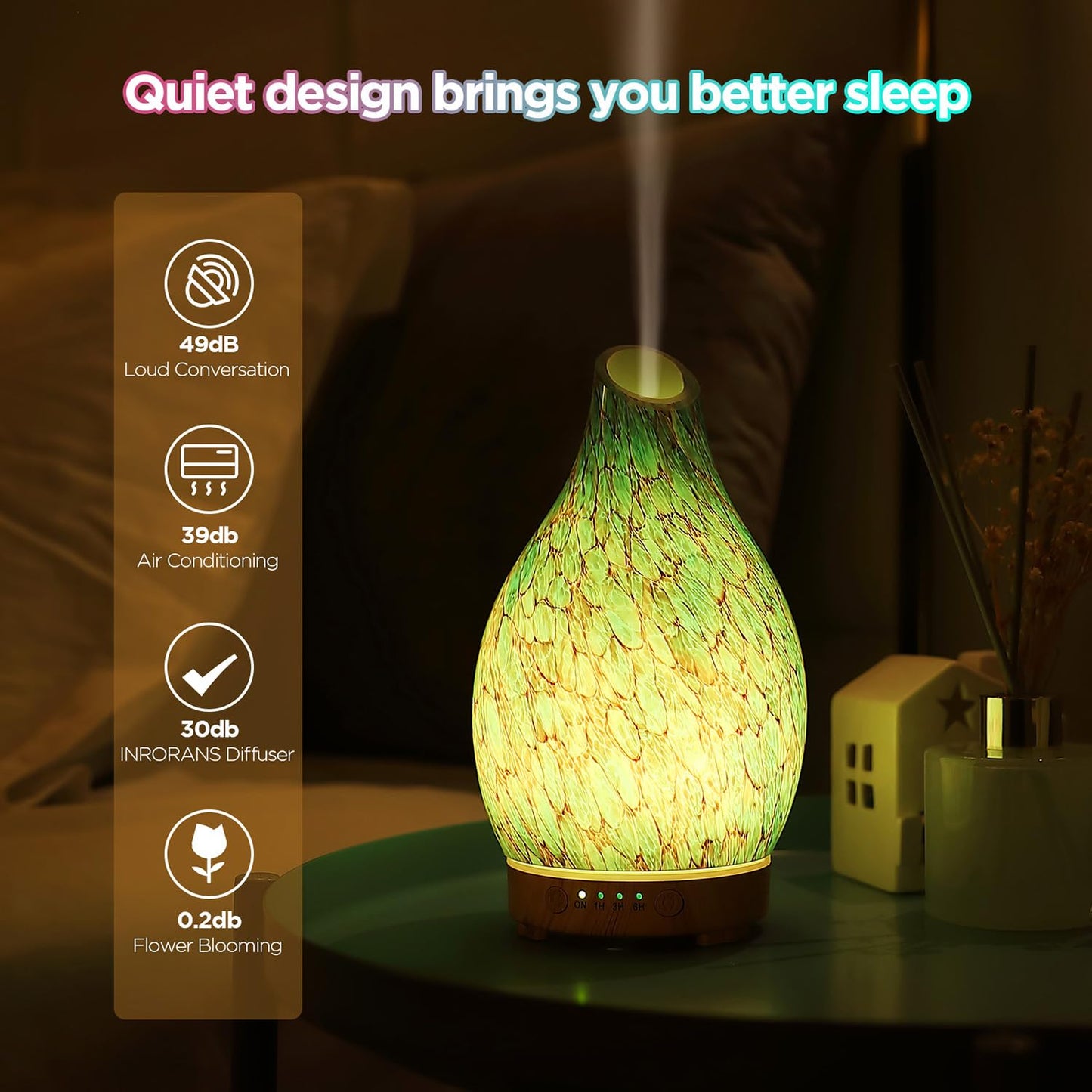 Aromatherapy Diffuser – 160ml Art Glass Ultrasonic, Quiet, 7-Color LED