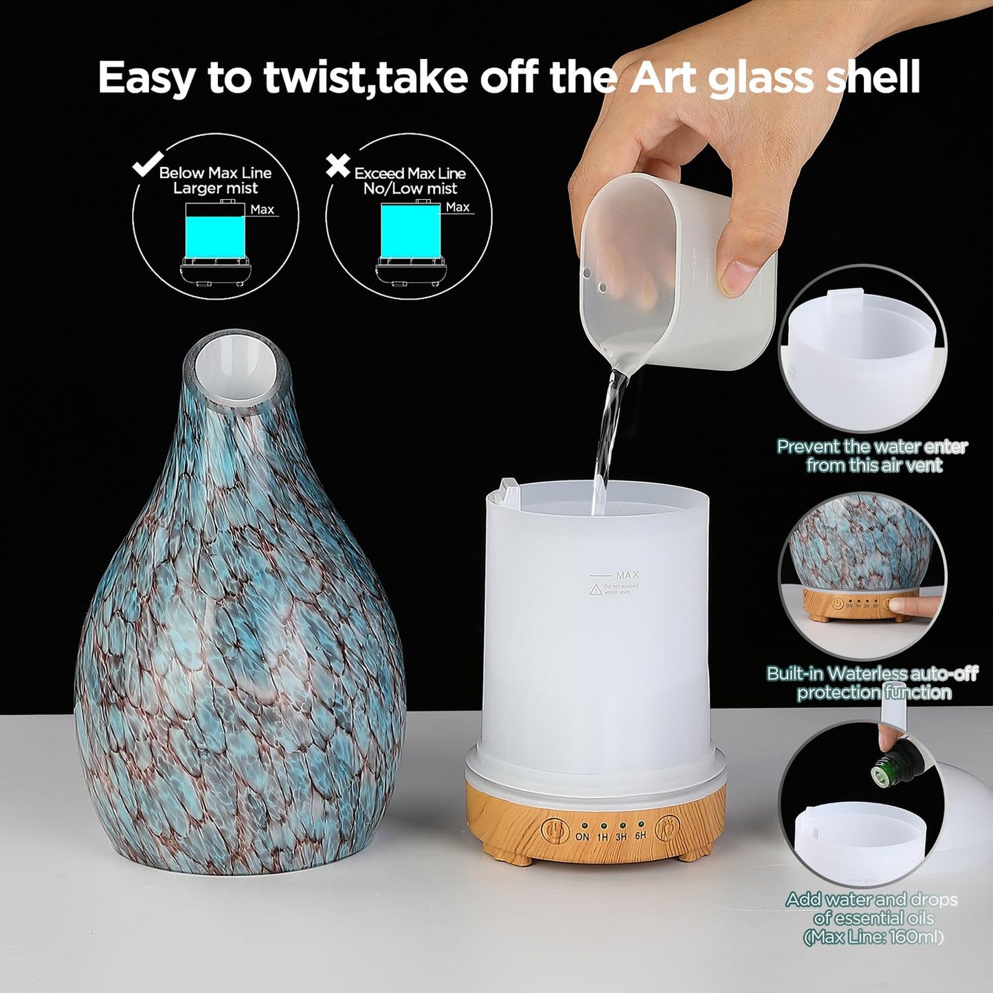 Aromatherapy Diffuser – 160ml Art Glass Ultrasonic, Quiet, 7-Color LED