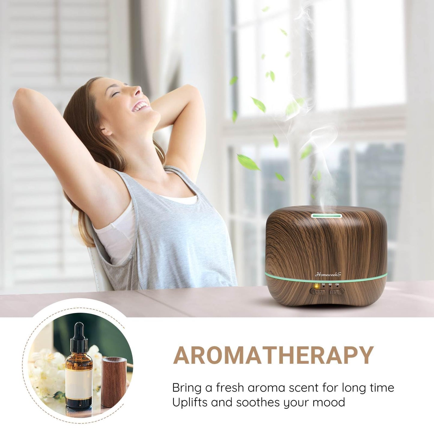 Aromatherapy Essential Oil Diffuser 300ml – Quiet Ultrasonic Humidifier, Auto-Off & Colorful Lights