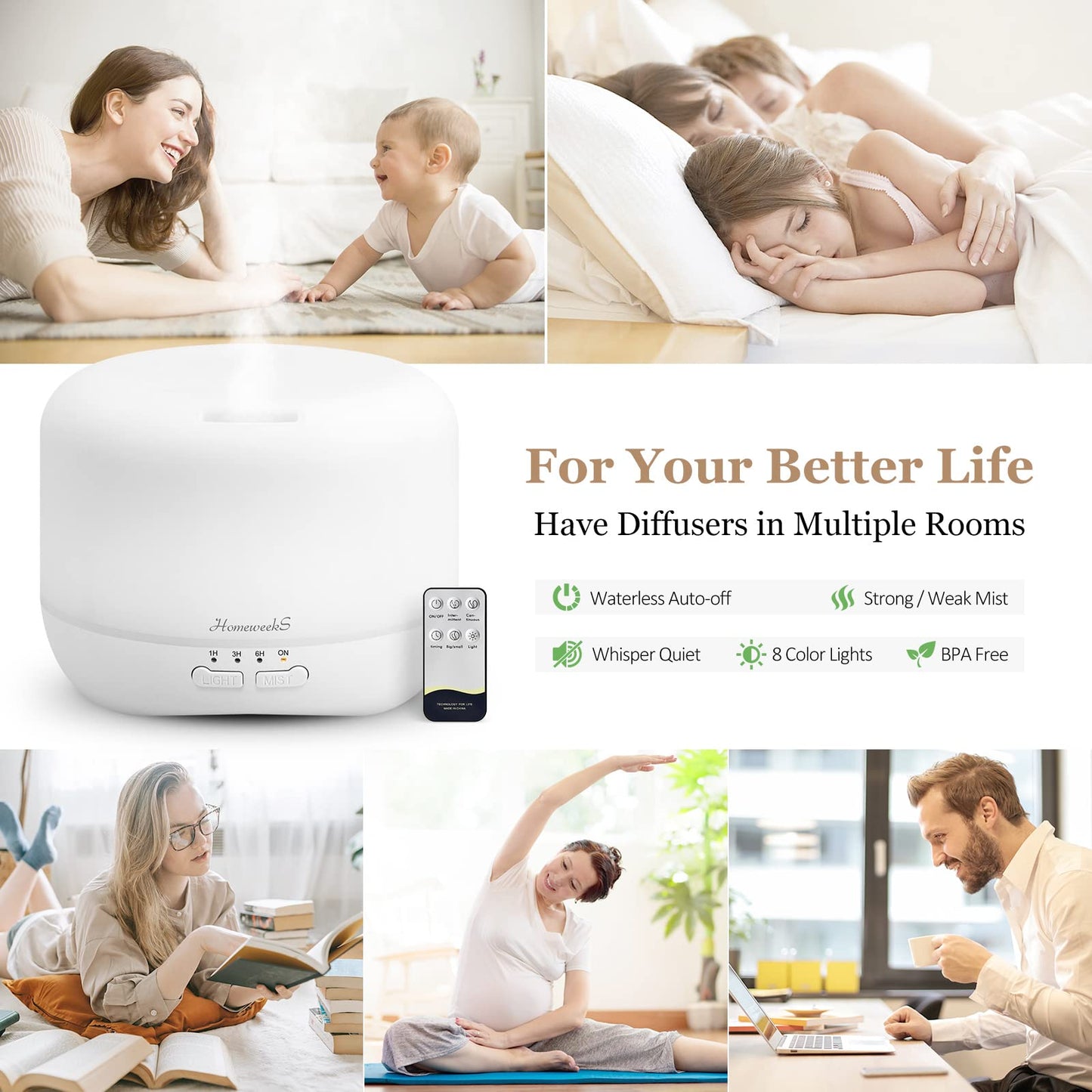 Aromatherapy Essential Oil Diffuser 300ml White – Humidifier, Night Light, Ultrasonic