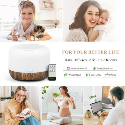 Aromatherapy Diffuser 500ml Brown – Ultrasonic Humidifier with Auto-Off