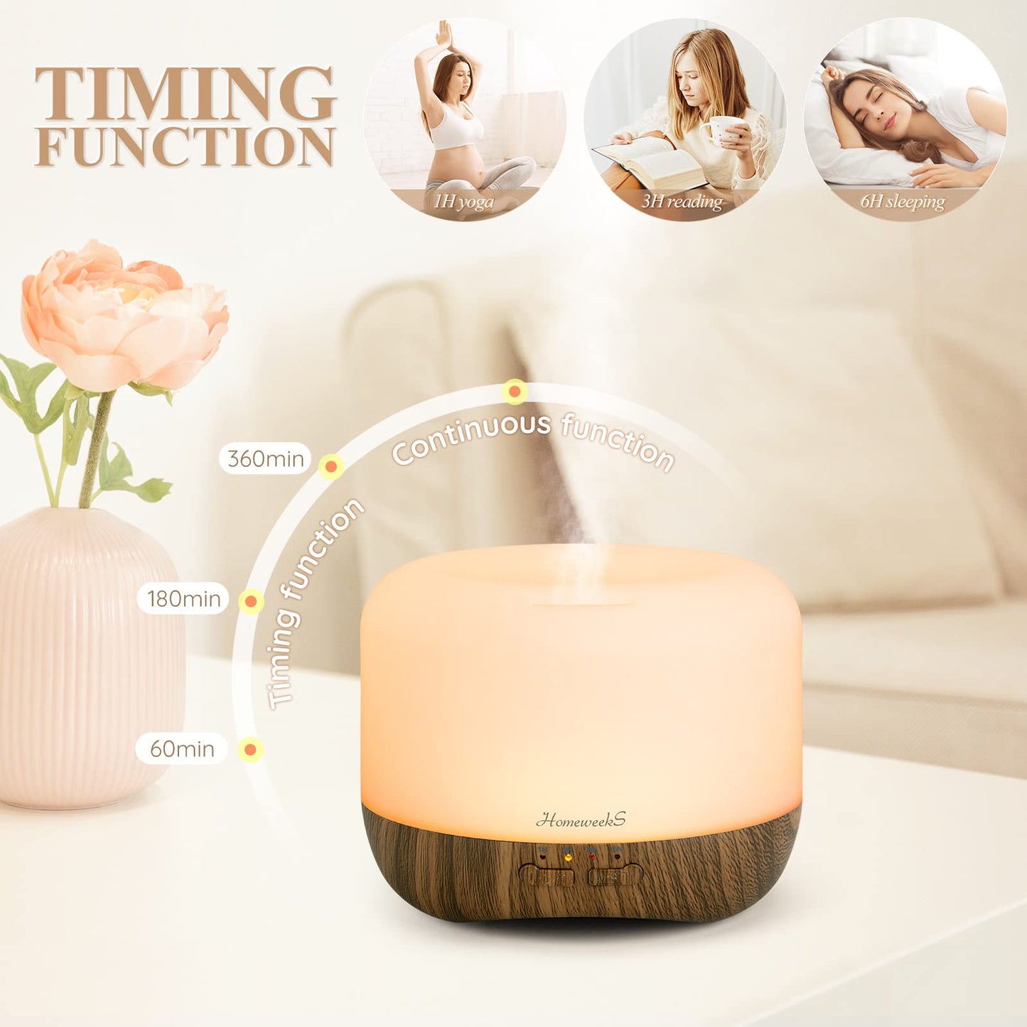 Aromatherapy Diffuser 500ml Brown – Ultrasonic Humidifier with Auto-Off