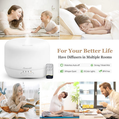 Aromatherapy Diffuser 500ml White – Adjustable Cool Mist & Auto-Off Humidifier for Large Rooms