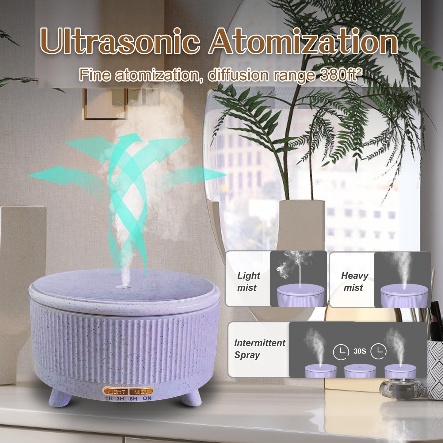 Essential Oil Diffuser 500ml for Home – Aromatherapy Diffuser with 7-Color LED Lights, 3 Mist Modes, Waterless Auto-Off, Purple