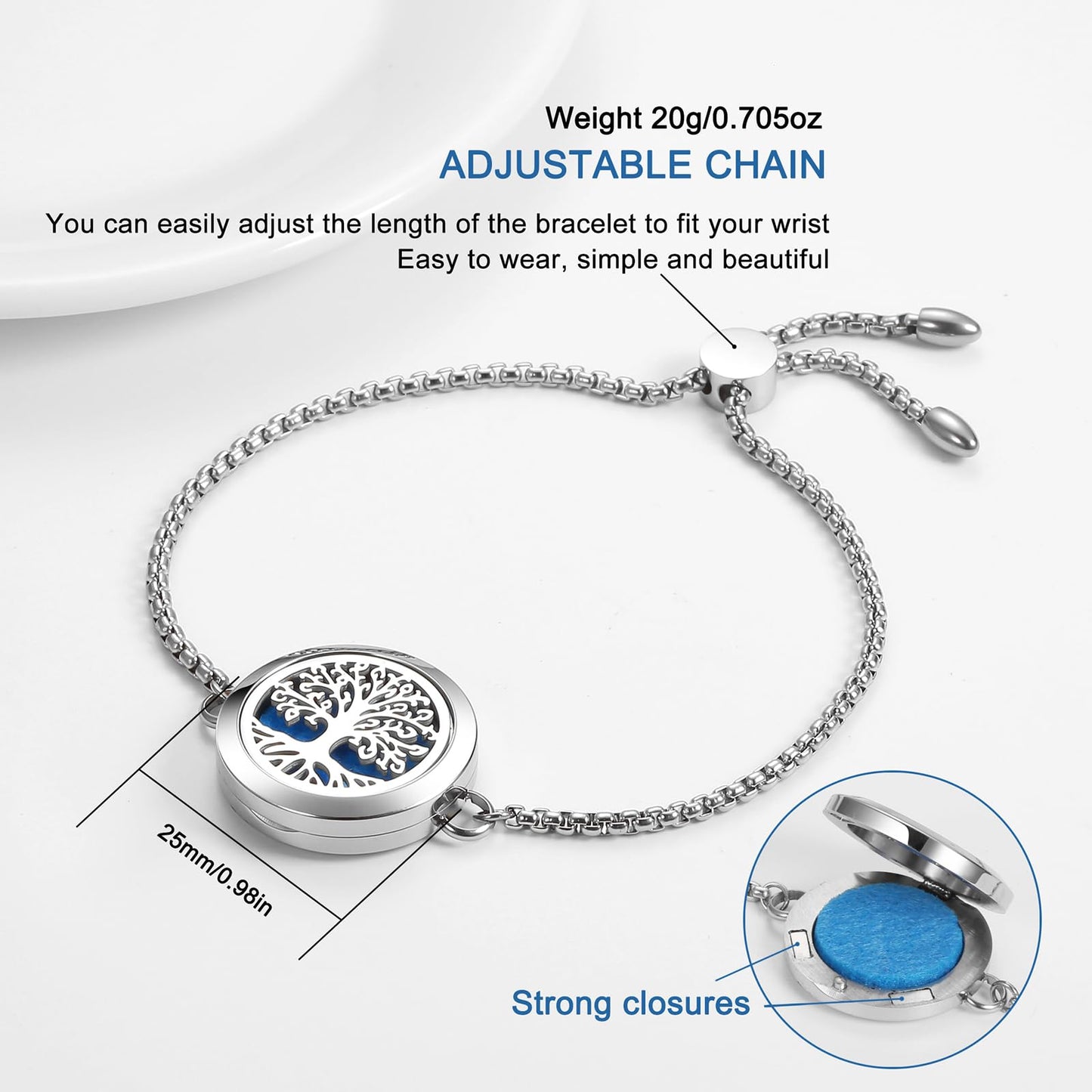 Aromatherapy Essential Oil Diffuser Bracelet | Tree of Life Locket, Adjustable Silver Chain