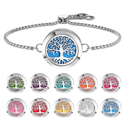 Aromatherapy Essential Oil Diffuser Bracelet | Tree of Life Locket, Adjustable Silver Chain