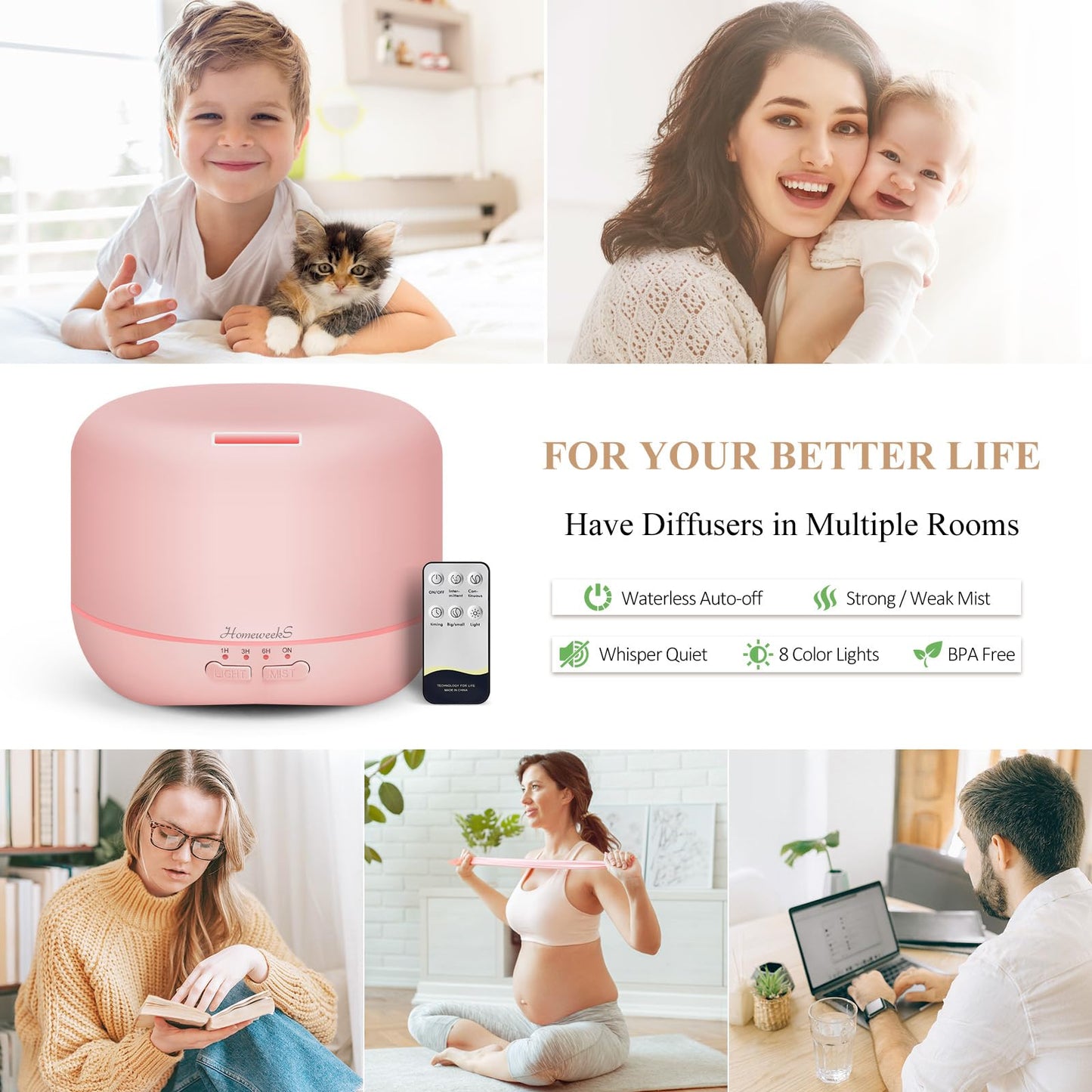Aromatherapy Diffuser 500ml Pink – Ultrasonic Cool Mist for Large Rooms