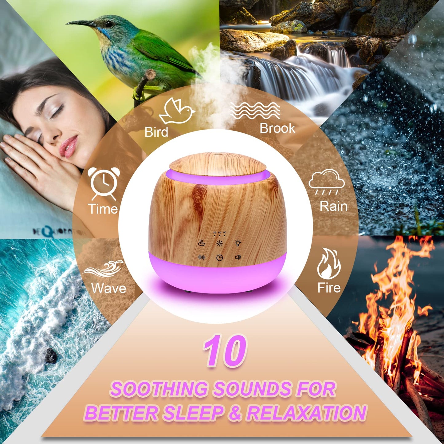 Aromatherapy Diffuser & White Noise Machine – 10 Sounds, 7 LED Colors, Auto Shutoff (Light Brown)
