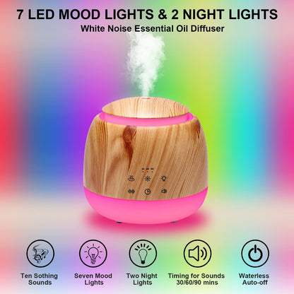 Aromatherapy Diffuser & White Noise Machine – 10 Sounds, 7 LED Colors, Auto Shutoff (Light Brown)