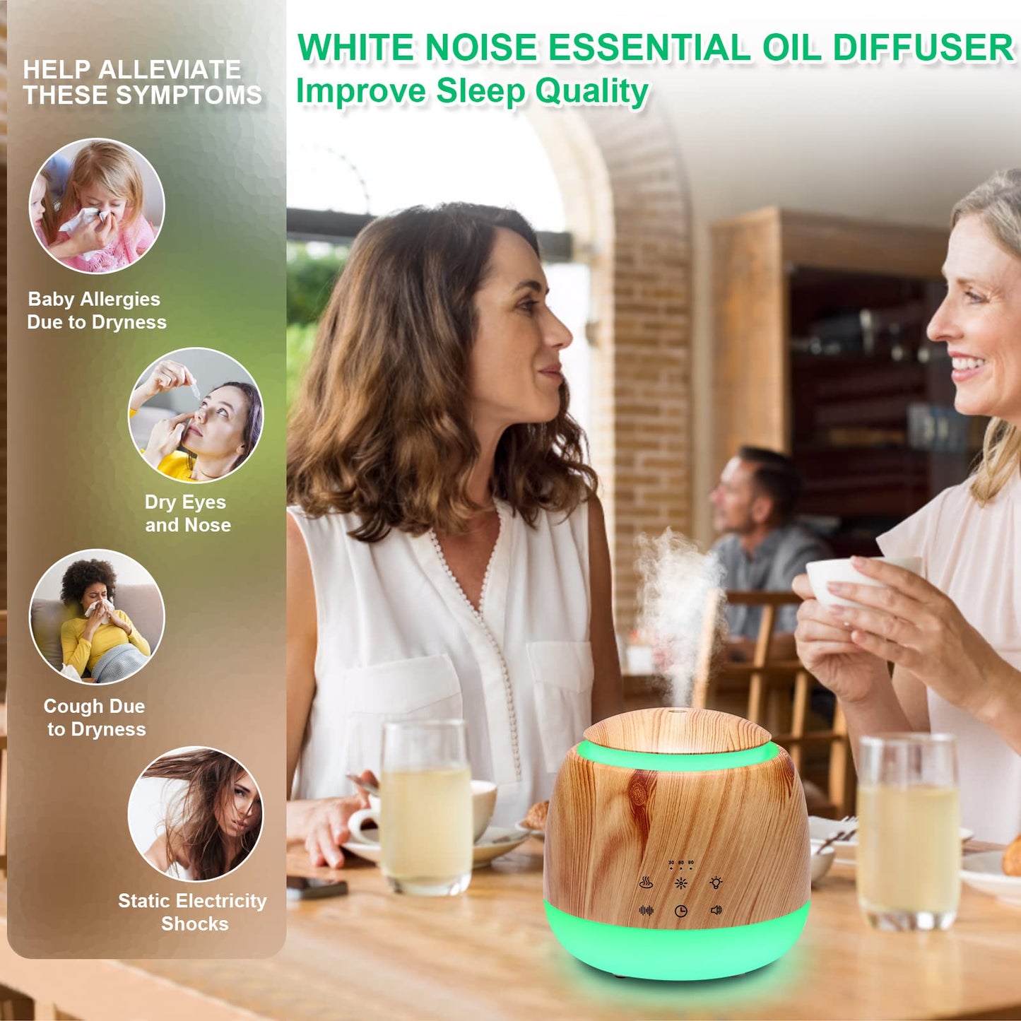 Aromatherapy Diffuser & White Noise Machine – 10 Sounds, 7 LED Colors, Auto Shutoff (Light Brown)