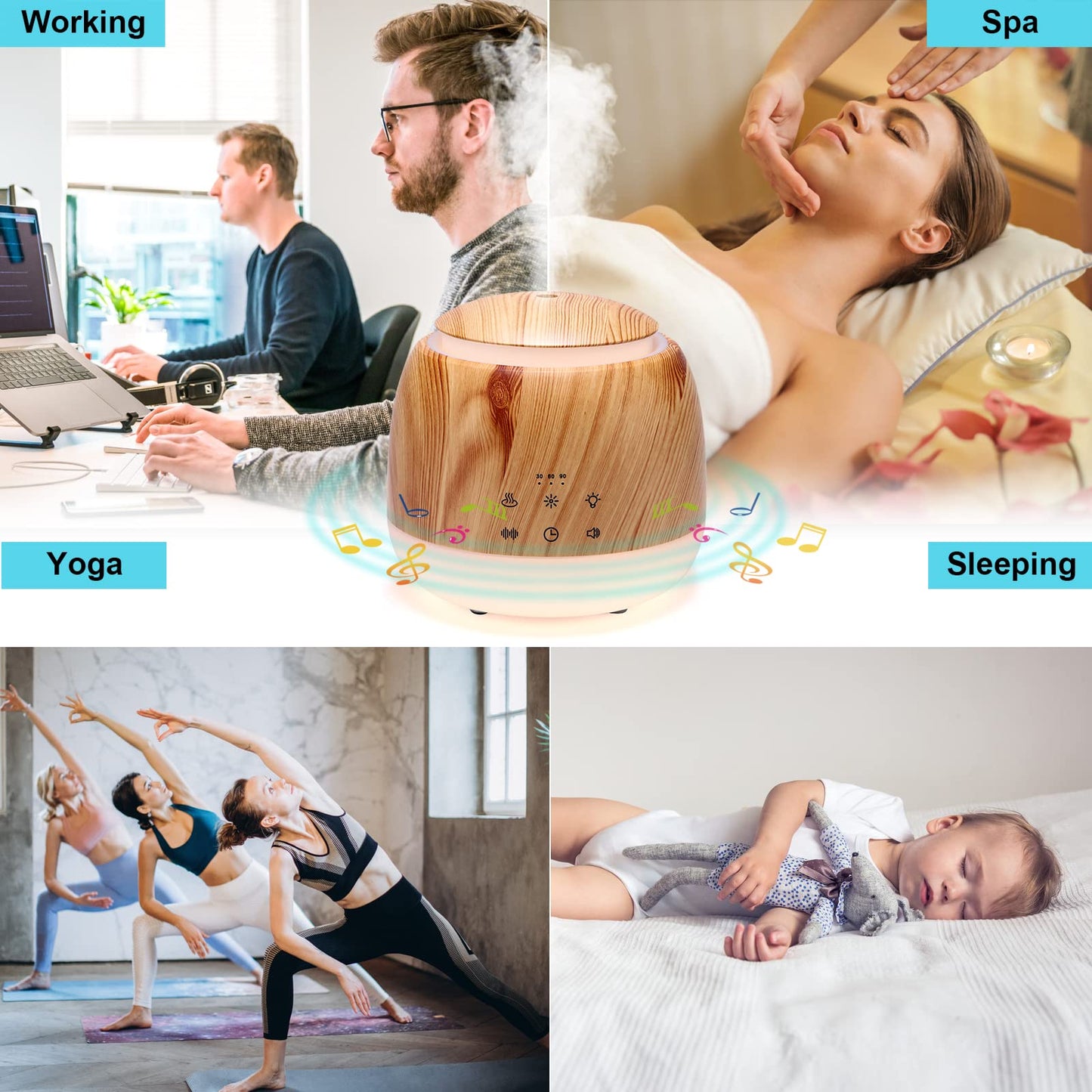Aromatherapy Diffuser & White Noise Machine – 10 Sounds, 7 LED Colors, Auto Shutoff (Light Brown)