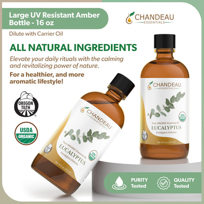 Chandeau Essentials 100% Pure Organic Eucalyptus Essential Oil – 16 oz Amber Bottle