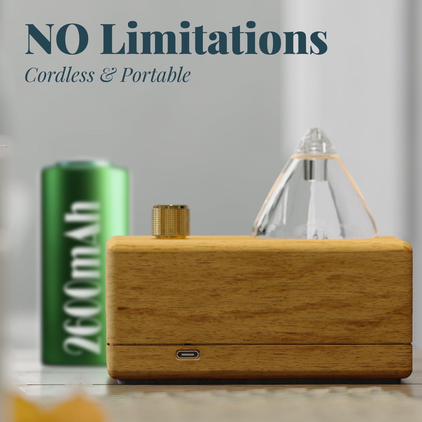 Glass Essential Oil Diffuser with Handmade Wood Base - Waterless, Portable & Rechargeable