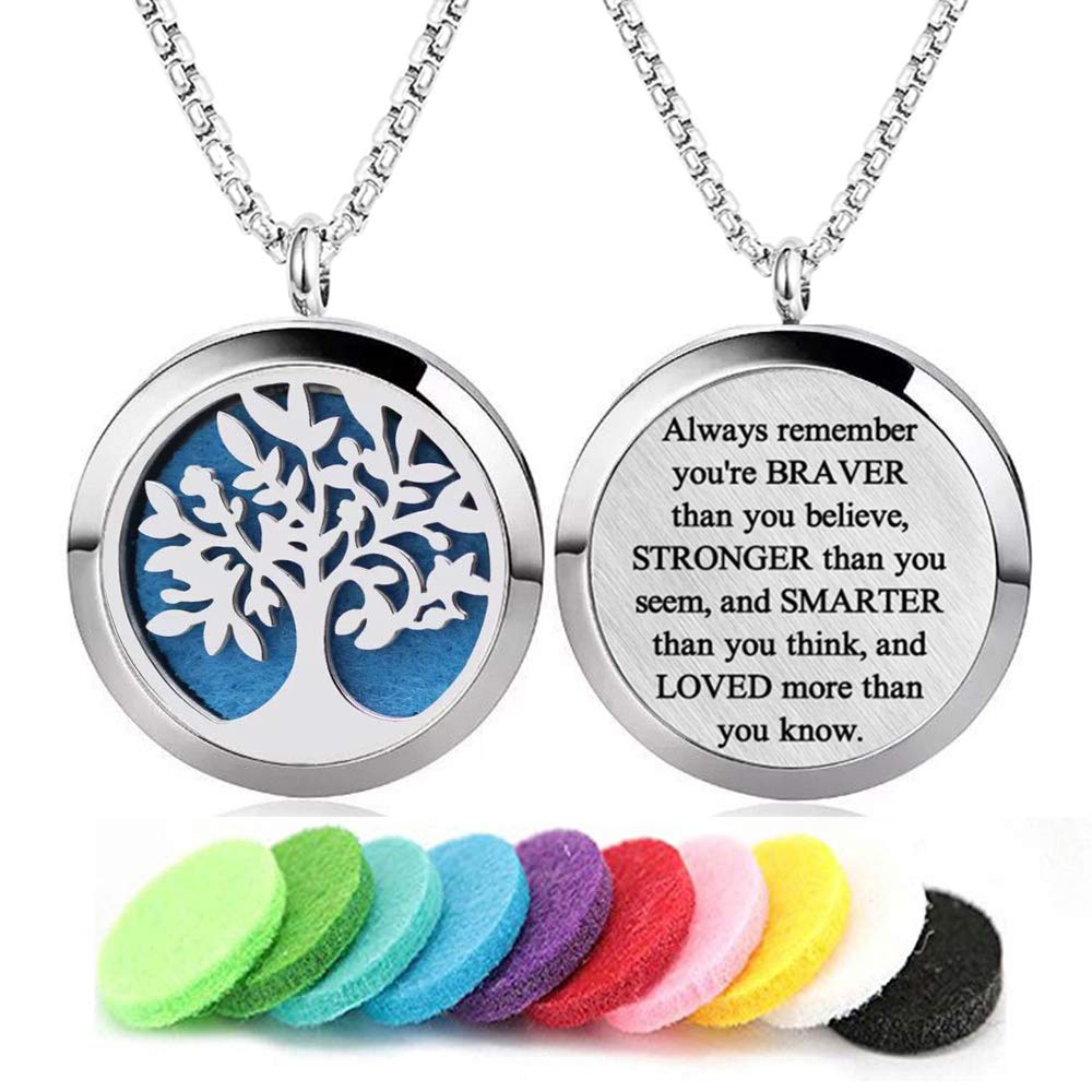Aromatherapy Essential Oil Diffuser Necklace - Stainless Steel Locket Pendant Tree of Life