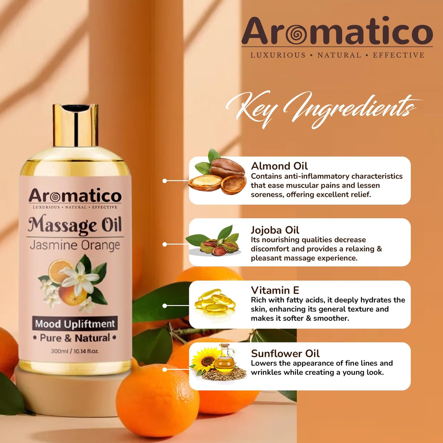 AROMATICO Massage Oil with Jasmine & Orange Essential Oils – Infused with Sesame, Almond & Jojoba Oils – Full Body Massage Oil for Relaxation – for Men & Women – 10 Fl Oz