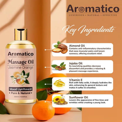 AROMATICO Massage Oil with Jasmine & Orange Essential Oils – Infused with Sesame, Almond & Jojoba Oils – Full Body Massage Oil for Relaxation – for Men & Women – 10 Fl Oz