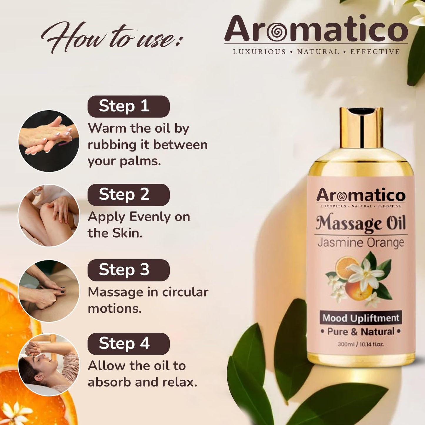 AROMATICO Massage Oil with Jasmine & Orange Essential Oils – Infused with Sesame, Almond & Jojoba Oils – Full Body Massage Oil for Relaxation – for Men & Women – 10 Fl Oz