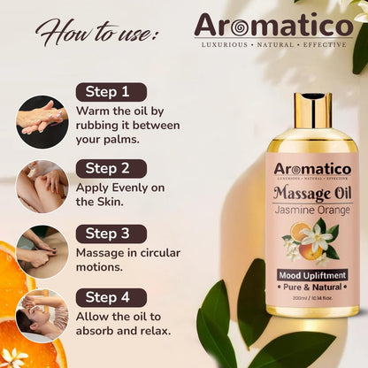 AROMATICO Massage Oil with Jasmine & Orange Essential Oils – Infused with Sesame, Almond & Jojoba Oils – Full Body Massage Oil for Relaxation – for Men & Women – 10 Fl Oz