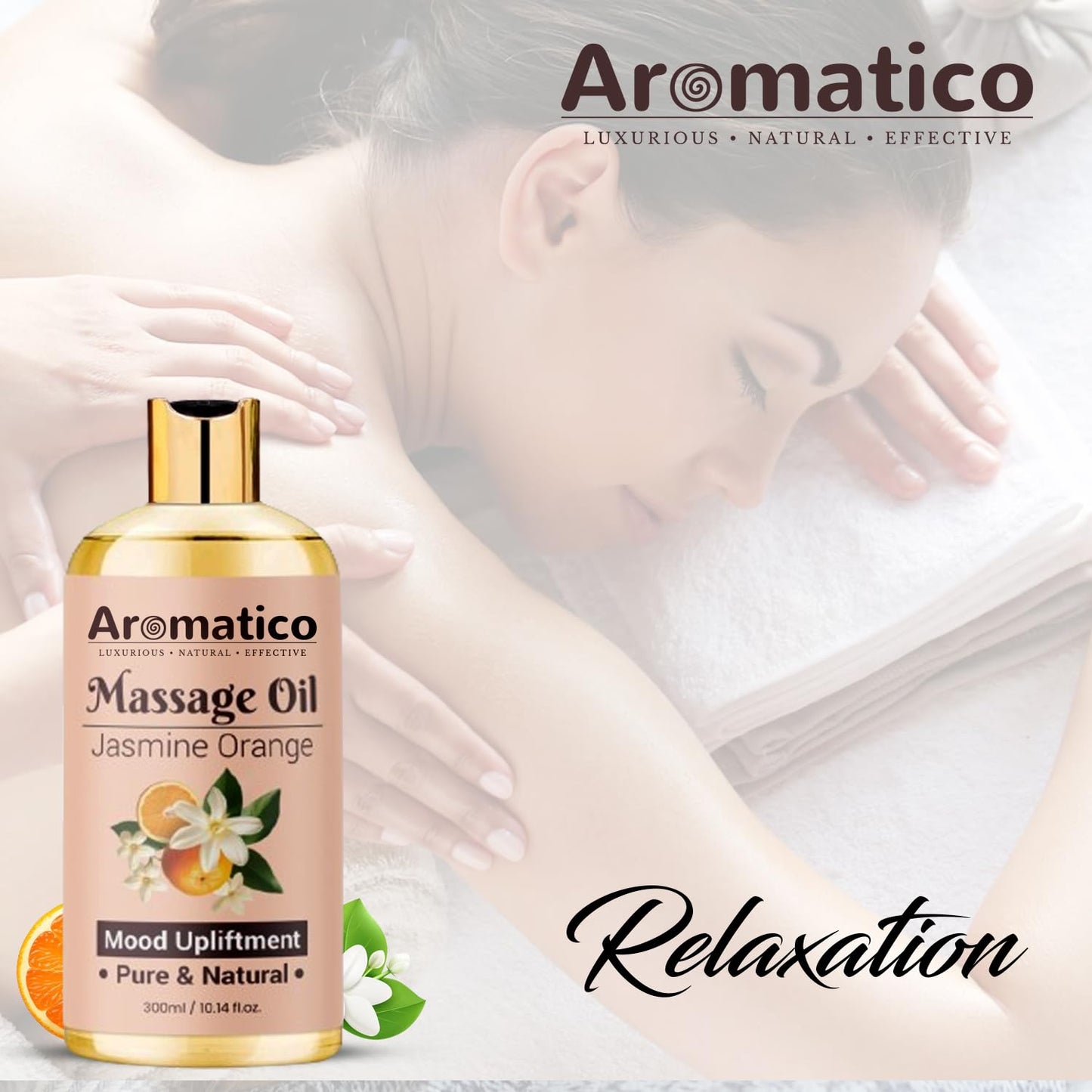 AROMATICO Massage Oil with Jasmine & Orange Essential Oils – Infused with Sesame, Almond & Jojoba Oils – Full Body Massage Oil for Relaxation – for Men & Women – 10 Fl Oz