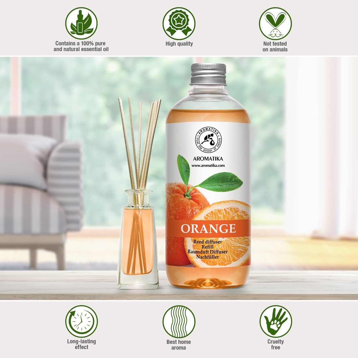 AROMATIKA Orange Room Diffuser Refill Set — 2 x 17 fl oz Orange Essential Oil for Aromatherapy & Home Fragrance