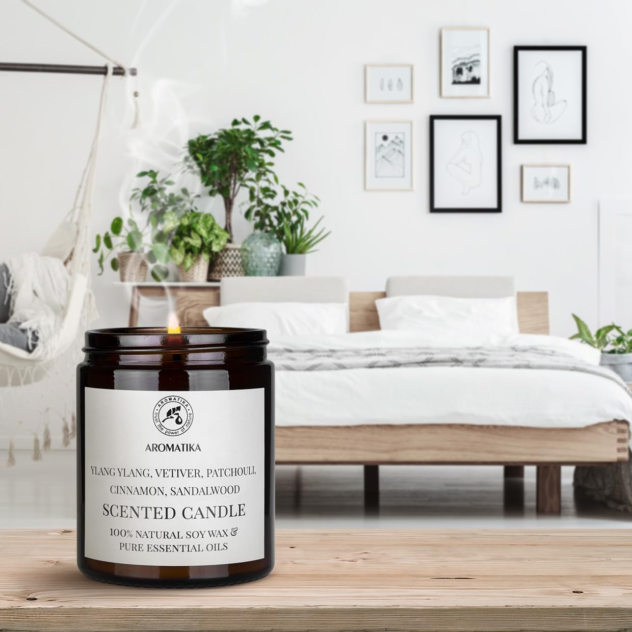 AROMATIKA Scented Soy Candle with Essential Oils – Ylang-ylang, Vetiver, Patchouli, Cinnamon & Sandalwood | 150g, 45h Burn