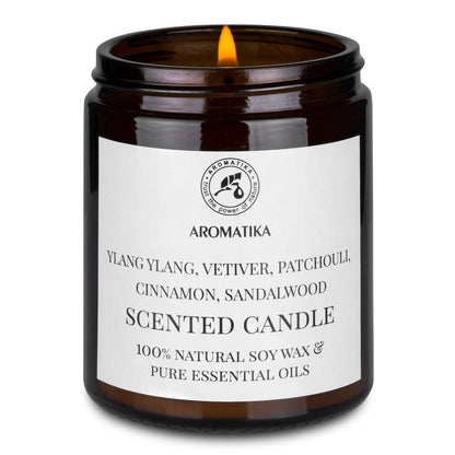 AROMATIKA Scented Soy Candle with Essential Oils – Ylang-ylang, Vetiver, Patchouli, Cinnamon & Sandalwood | 150g, 45h Burn