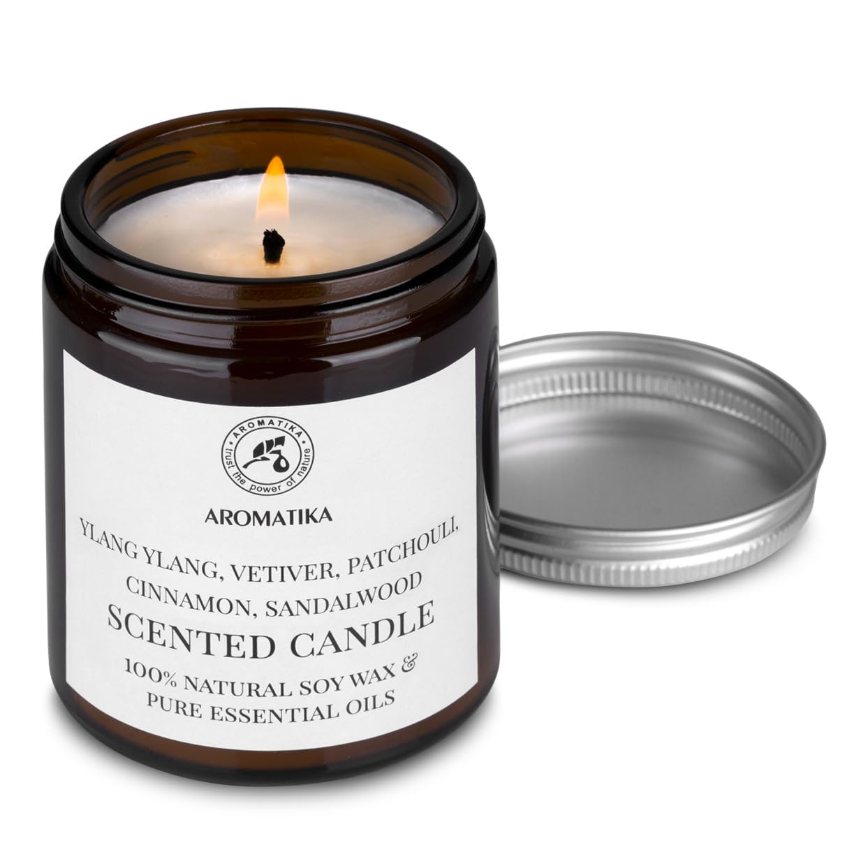 AROMATIKA Scented Soy Candle with Essential Oils – Ylang-ylang, Vetiver, Patchouli, Cinnamon & Sandalwood | 150g, 45h Burn