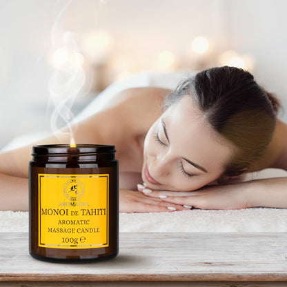 AROMATIKA Scented Massage Candle Monoi de Tahiti – Soy Wax, Coconut & Almond Oils, 3.5 oz