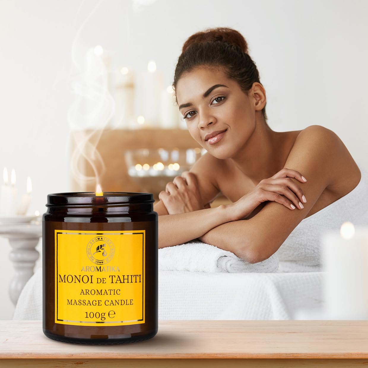 AROMATIKA Scented Massage Candle Monoi de Tahiti – Soy Wax, Coconut & Almond Oils, 3.5 oz