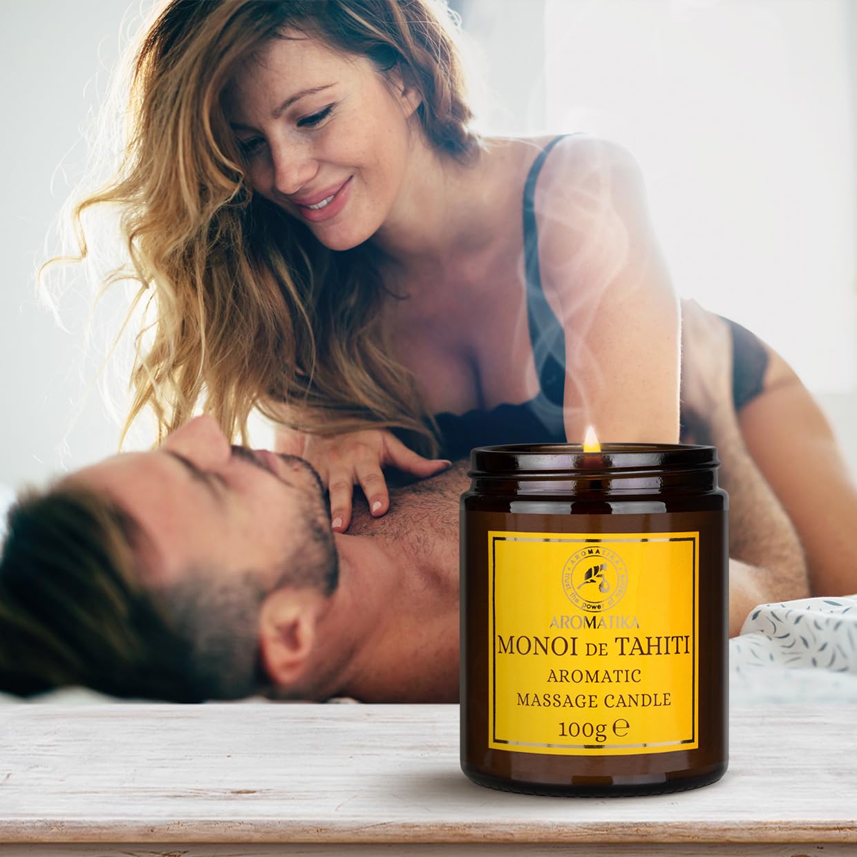 AROMATIKA Scented Massage Candle Monoi de Tahiti – Soy Wax, Coconut & Almond Oils, 3.5 oz