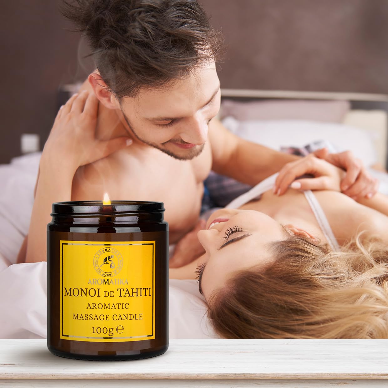 AROMATIKA Scented Massage Candle Monoi de Tahiti – Soy Wax, Coconut & Almond Oils, 3.5 oz