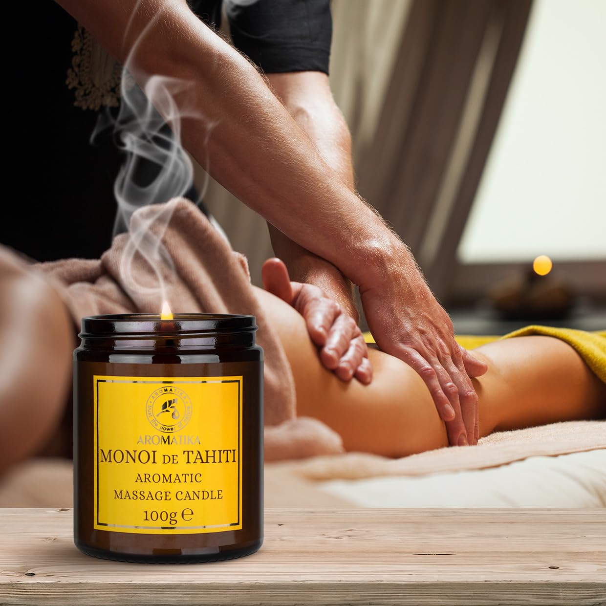 AROMATIKA Scented Massage Candle Monoi de Tahiti – Soy Wax, Coconut & Almond Oils, 3.5 oz