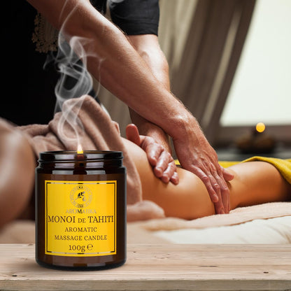 AROMATIKA Scented Massage Candle Monoi de Tahiti – Soy Wax, Coconut & Almond Oils, 3.5 oz