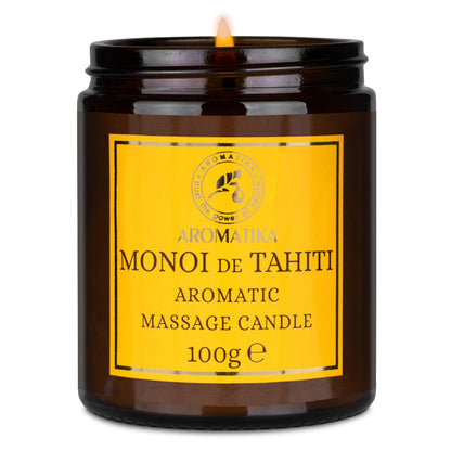 AROMATIKA Scented Massage Candle Monoi de Tahiti – Soy Wax, Coconut & Almond Oils, 3.5 oz
