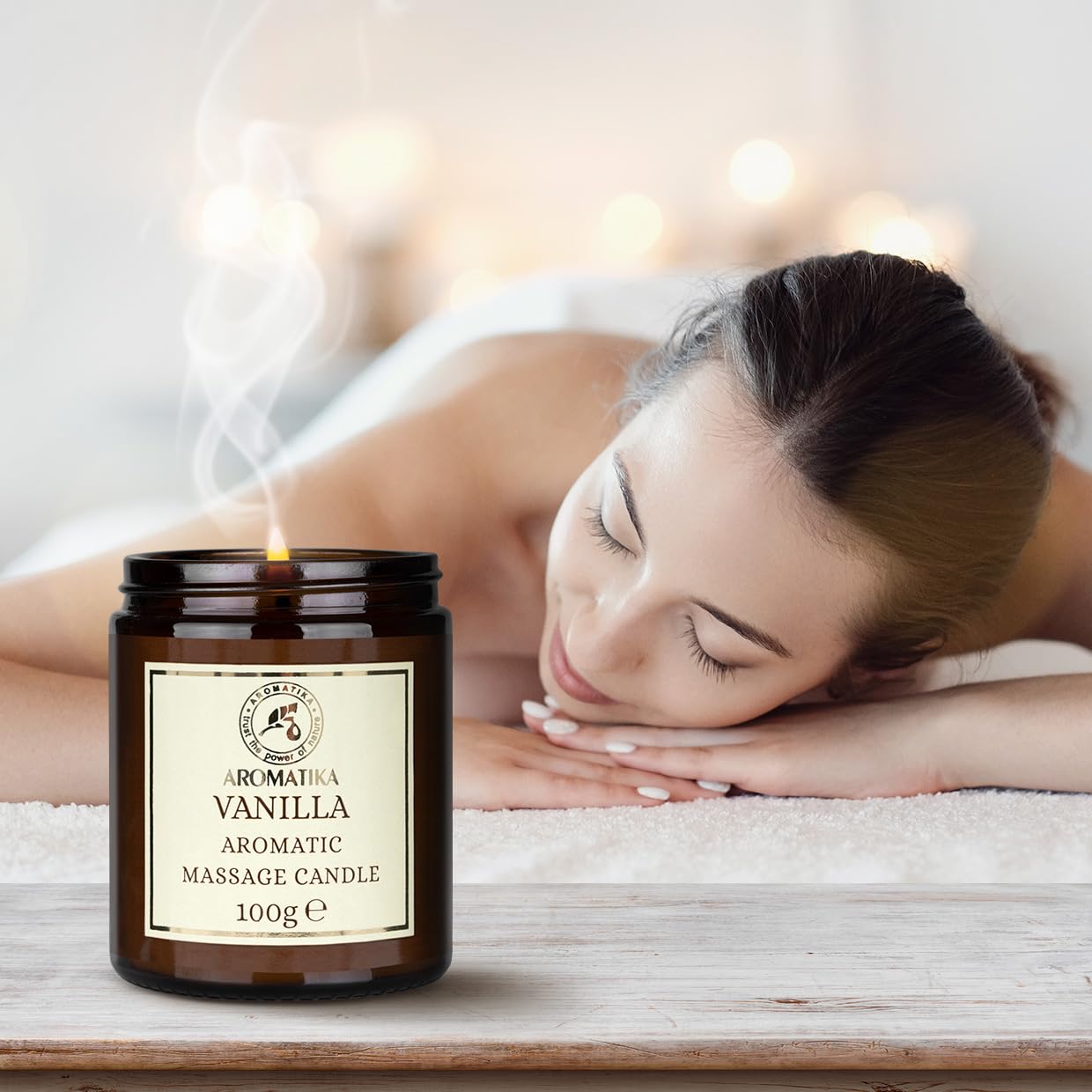 AROMATIKA Scented Massage Candle Vanilla – Relaxing 3.5oz Soy Candle with Coconut & Almond Oils