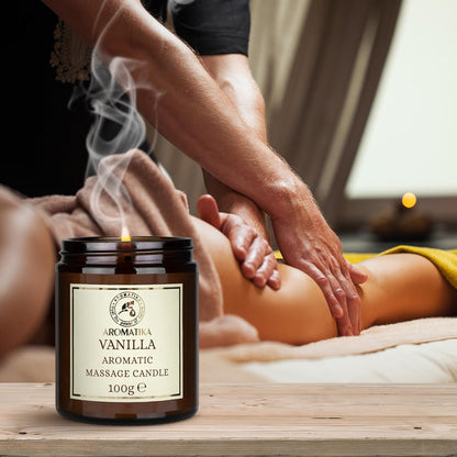 AROMATIKA Scented Massage Candle Vanilla – Relaxing 3.5oz Soy Candle with Coconut & Almond Oils