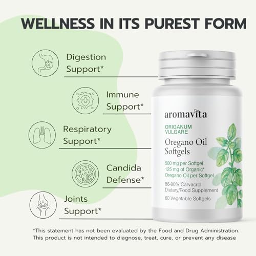 AROMAVITA Oregano Oil Capsules – 108mg Carvacrol per Softgel – High Potency Immune & Digestive Support – Vegan, Non-GMO, Gluten-Free – 60 Softgels – Greek Organic Wild Oregano