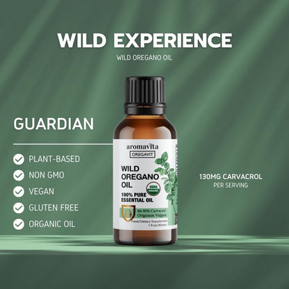 AROMAVITA Wild Oregano Oil Organic – 100% Pure Undiluted Oil with 86-90% Carvacrol | Immune Support | Vegan, Non-GMO, Gluten Free | 1 fl oz / 30 ml
