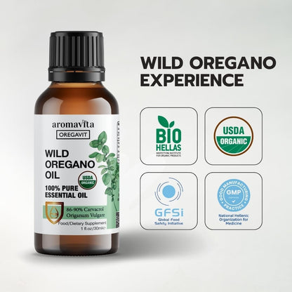 AROMAVITA Wild Oregano Oil Organic – 100% Pure Undiluted Oil with 86-90% Carvacrol | Immune Support | Vegan, Non-GMO, Gluten Free | 1 fl oz / 30 ml