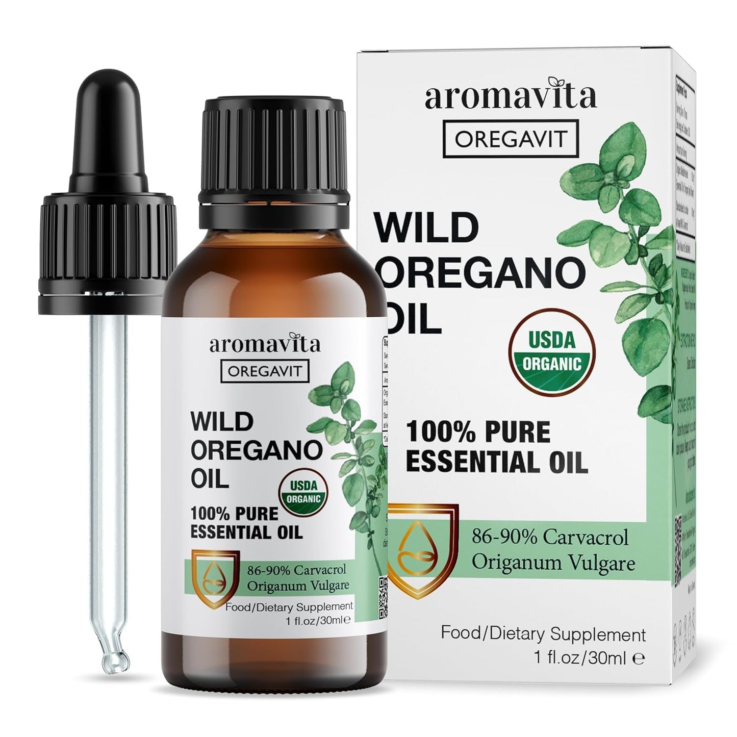 AROMAVITA Wild Oregano Oil Organic – 100% Pure Undiluted Oil with 86-90% Carvacrol | Immune Support | Vegan, Non-GMO, Gluten Free | 1 fl oz / 30 ml