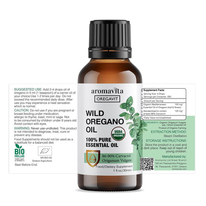 AROMAVITA Wild Oregano Oil Organic – 100% Pure Undiluted Oil with 86-90% Carvacrol | Immune Support | Vegan, Non-GMO, Gluten Free | 1 fl oz / 30 ml