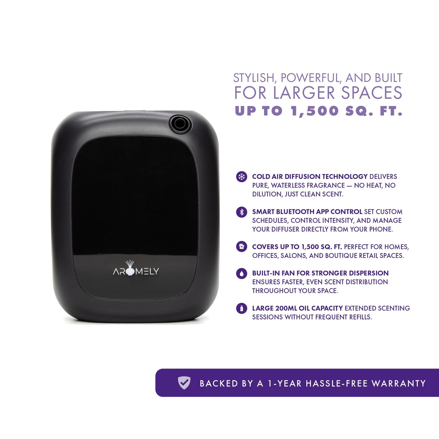AROMELY Smart Bluetooth Nebulizing Diffuser – App-Controlled Essential Oil Diffuser for 1,500 Sq Ft | Black