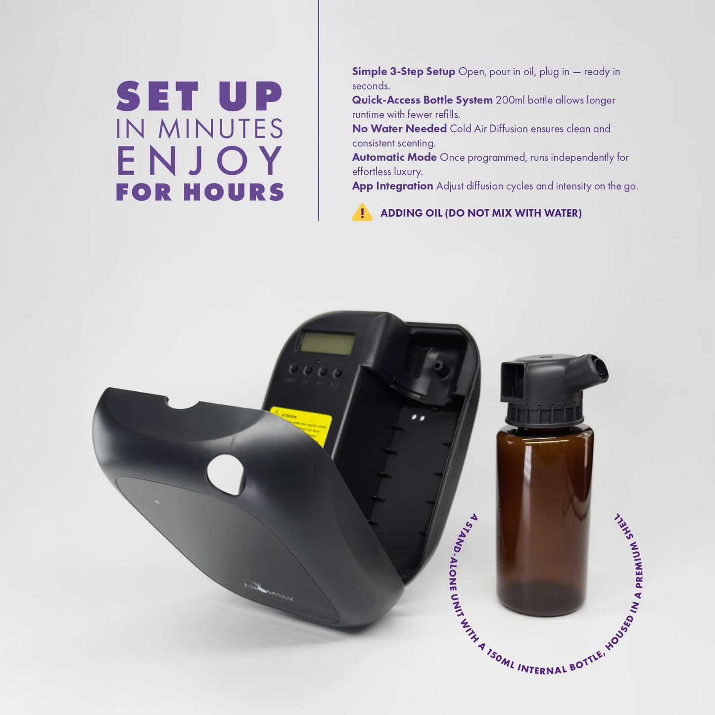 AROMELY Smart Bluetooth Nebulizing Diffuser – App-Controlled Essential Oil Diffuser for 1,500 Sq Ft | Black