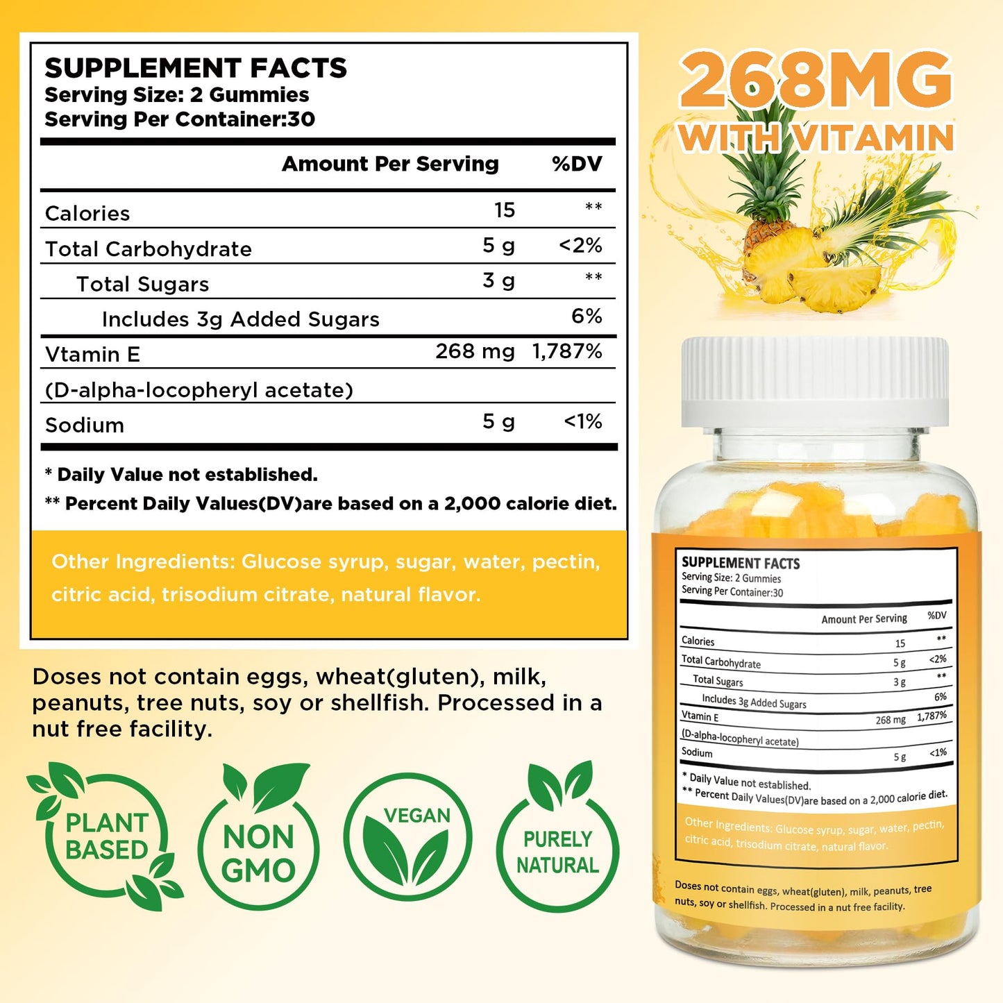 Aromlife Vitamin E 400 IU Gummies – 268 mg per Serving, Pineapple Flavor, 60 Count, Gluten-Free