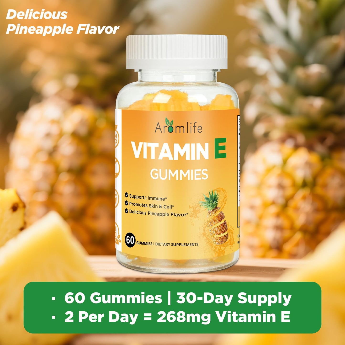 Aromlife Vitamin E 400 IU Gummies – 268 mg per Serving, Pineapple Flavor, 60 Count, Gluten-Free