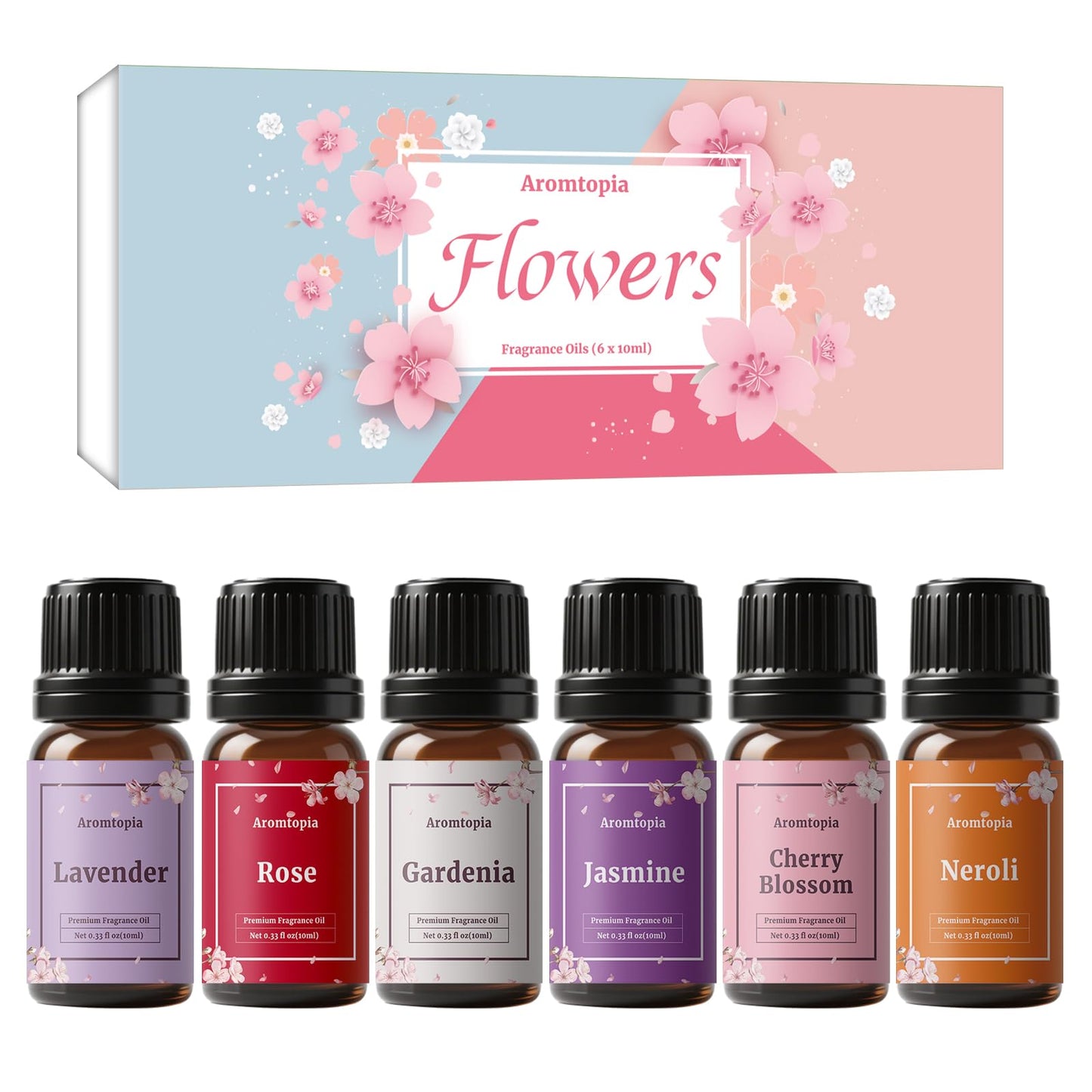 Floral Fragrance Oils 6x10ml – Aromtopia (Lavender, Rose, Gardenia, Neroli, Jasmine, Cherry Blossom)